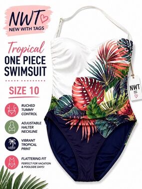 NWT Tropical Leaf One Piece Swimsuit Size 10 Ruched Tummy Control Halter